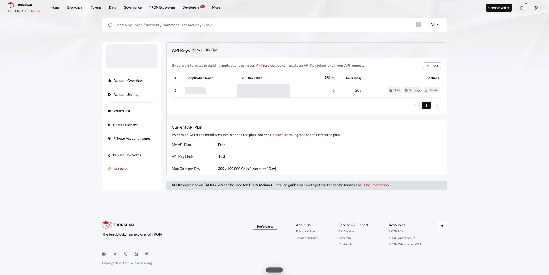TronScan 的 API Key 页面